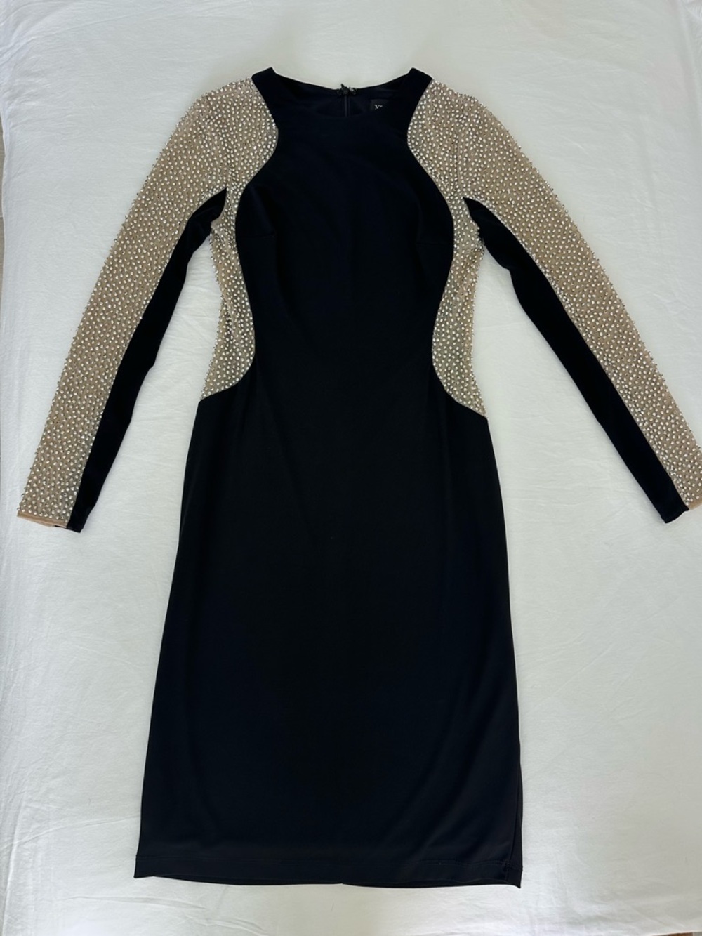 Xscape Black Sheath Dress with Nude Pearl-Embellished Sleeves